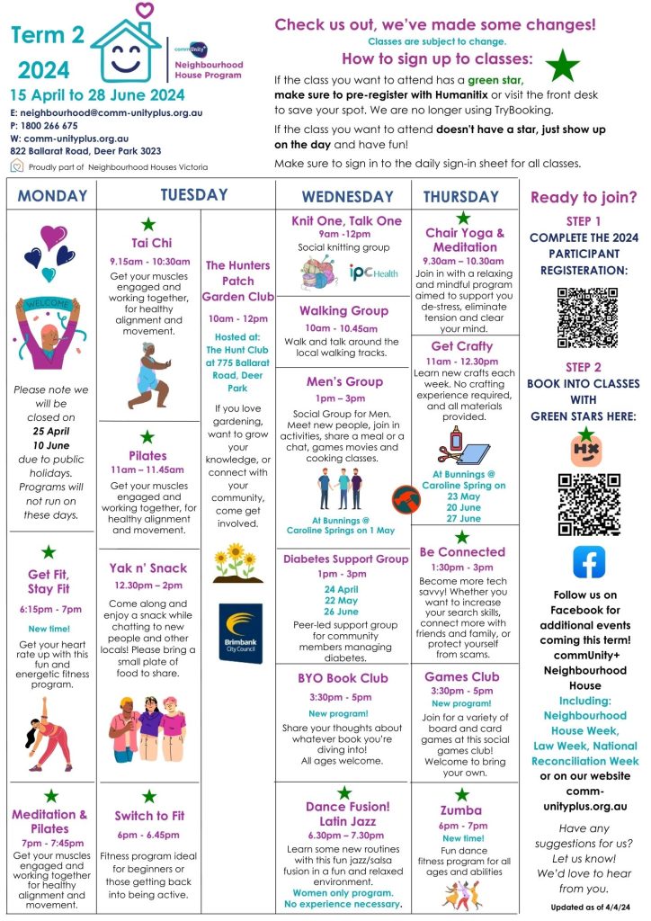commUnity+ neighbourhood house term 4 timetable