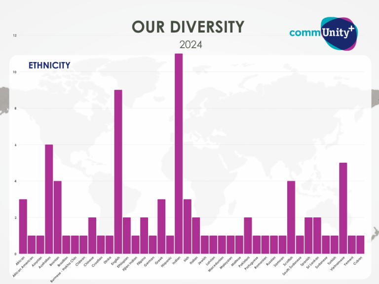 A column chart of staff ethnicities where Indian, English, Vietnamese, and Australian are the most highly represented.